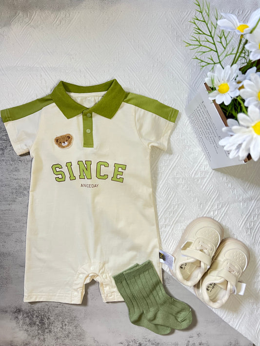 Green Collar Bear Cub Baby Boy Romper #B109