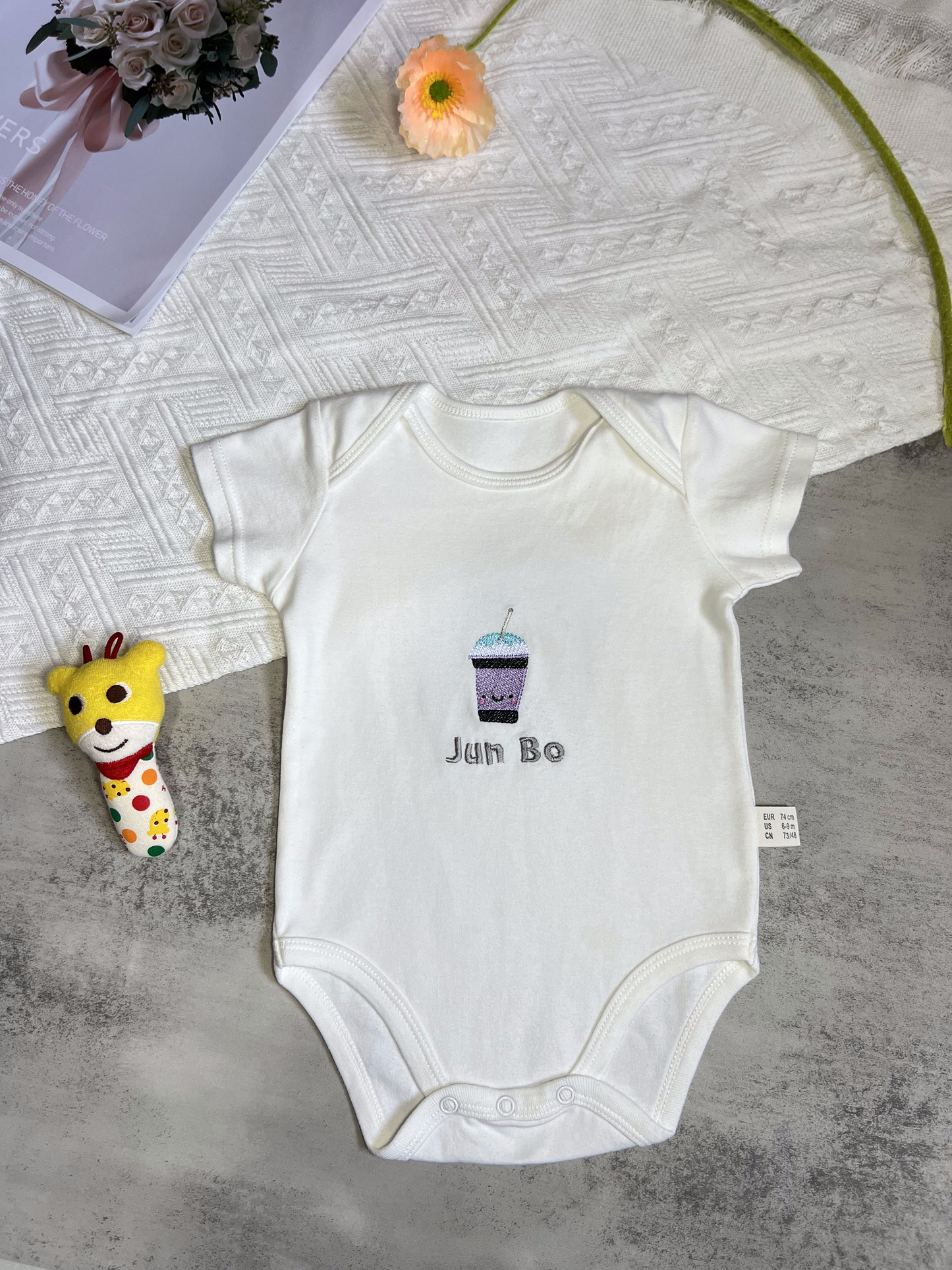 Sweet Sips: Personalised Baby Romper with Bubble Milk Tea Embroidery #PR102