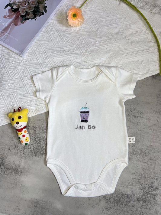 Sweet Sips: Personalised Baby Romper with Bubble Milk Tea Embroidery #PR102