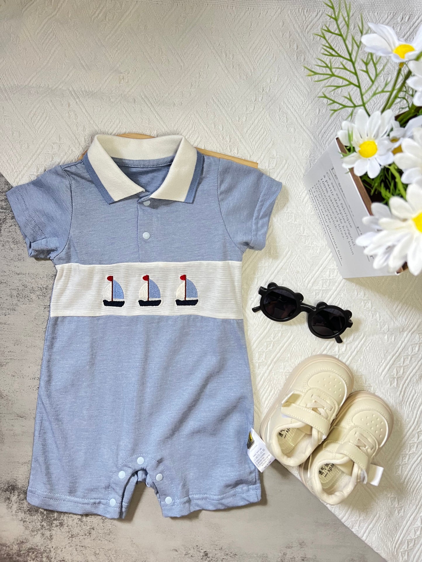 Three Little Yatch Baby Blue Romper #B101