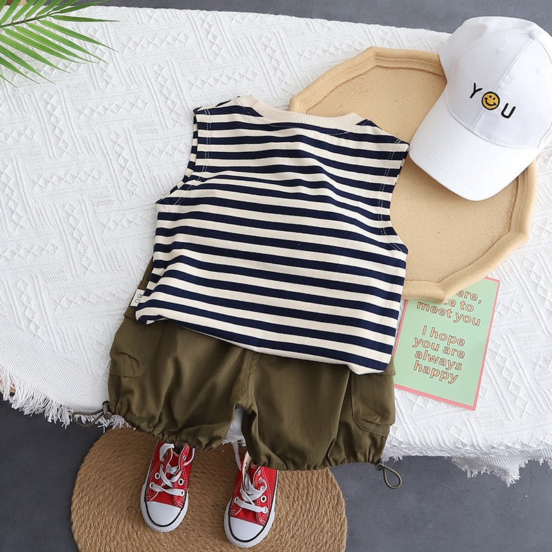 Stylish Street Style Sleeveless Stripe 2-Piece Set #B107