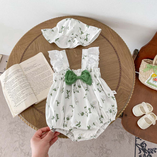 Baby Girl Green Flower Romper with matching Hat #G204