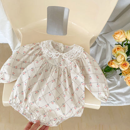 Long Sleeve Small Floral Baby Girl Romper with Lace Floral Collar #G110