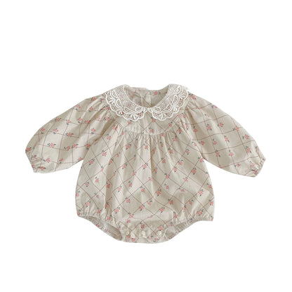 Long Sleeve Small Floral Baby Girl Romper with Lace Floral Collar #G110